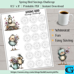 May include: A printable 8.5 x 11 inch Spring Bird Savings Challenge sheet. The sheet features whimsical bird illustrations and circular savings trackers. The text includes "Whimsical, Fun, Easy Saving" and the Etsy shop URL.