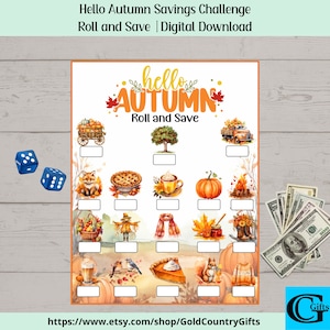 Printable Hello Autumn Roll and Save Challenge, Money Savings Challenge, Money Challenge,  Dice, Instant Download, Printable PDF