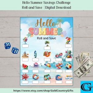 Printable Hello Summer Roll and Save Challenge, Money Savings Challenge, Money Challenge,  Dice, Instant Download, Printable PDF