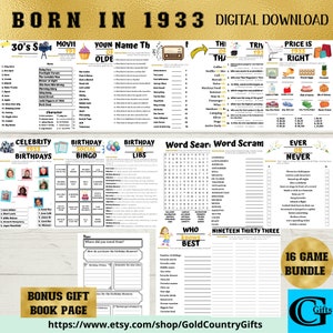 Printable Birthday Party Games, Born in 1933 Games, 16 Game Bundle, Instant Download, Music Trivia, Guest Book Page