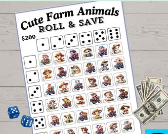 Printable Cute Farm Animals Roll The Dice Savings Challenge Game, Money Savings Challenge, Dice, Instant Download, Printable PDF