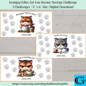 Mini Low Income Savings Challenge Printable, Grumpy Coffee Cat Savings Challenge, Cash Budget Challenge, Money Saving Tracker, Sinking Funds