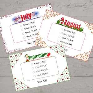 May include: Three printable cards with a summer theme. Each card has a month of the year, July, August, and September, with a cartoon gnome and a price list for each week of the month. The cards have a red, white, and blue border for July, a red and green watermelon border for August, and a red and green apple border for September.