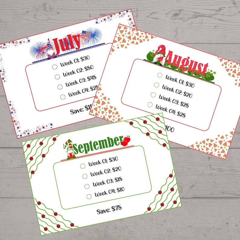 May include: Three printable cards with a summer theme. Each card has a month of the year, July, August, and September, with a cartoon gnome and a price list for each week of the month. The cards have a red, white, and blue border for July, a red and green watermelon border for August, and a red and green apple border for September.