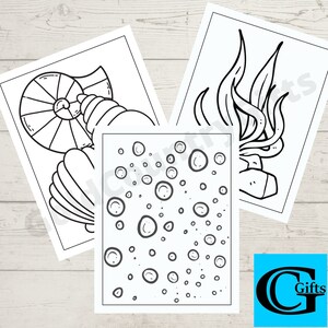 May include: Three black and white colouring pages featuring a seashell, seaweed, and a pattern of bubbles. The colouring pages are on white paper.