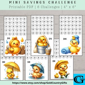 May include: Six printable savings challenge cards featuring a yellow chick with different themes. The cards include a chick taking a bath, a chick wearing a towel, a chick holding an umbrella, and a chick with a bucket of eggs. Each card has a dollar amount goal and a grid of circles to track savings.