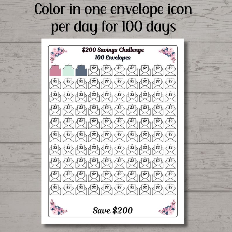Floral 200 Dollar Savings Challenge Printable, 100 Envelope Savings ...