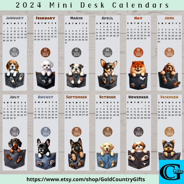 Digital 2024 Mini Desk Calendars, Instant Download, Printable, Dog in a Pocket, Office Calendar, Desktop Calendar, Monthly Calendar