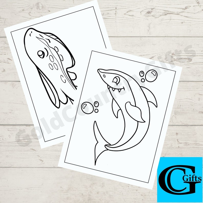 May include: Two black and white colouring pages featuring cartoon sharks. The first page shows a shark with a spotted body and the second page shows a shark with a fin and bubbles.