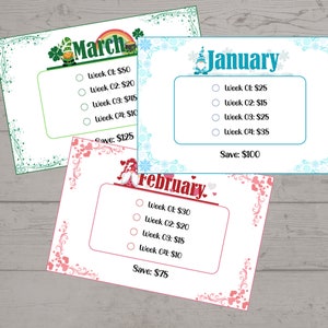 May include: Three printable cards with a weekly savings plan for January, February, and March. Each card features a gnome illustration and a floral border. The cards list the weekly cost and total savings for each month.