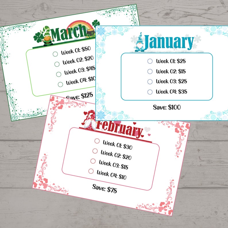 May include: Three printable cards with a weekly savings plan for January, February, and March. Each card features a gnome illustration and a floral border. The cards list the weekly cost and total savings for each month.