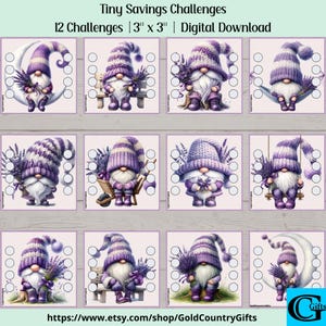 Può includere: Un download digitale con dodici sfide di risparmio da 7,6 cm x 7,6 cm. Ogni carta presenta uno gnomo con un cappello a righe viola e bianco, che tiene la lavanda. Gli gnomi sono in varie pose. Il testo recita "Tiny Savings Challenges".