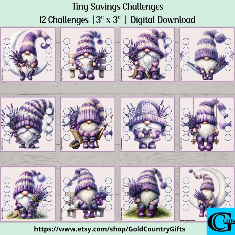 May include: A digital download featuring twelve 3" x 3" savings challenges. Each card showcases a gnome with a purple and white striped hat, holding lavender. The gnomes are in various poses, some on swings or benches. The text reads "Tiny Savings Challenges".
