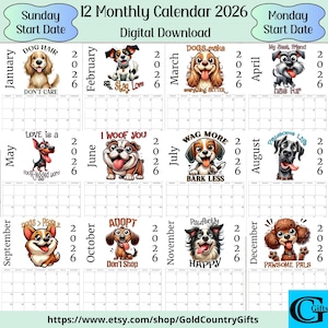 May include: A 12-month digital calendar for 2026 featuring cartoon dog illustrations for each month. Each month has a different dog breed with a punny phrase. The calendar includes Sunday and Monday start dates.