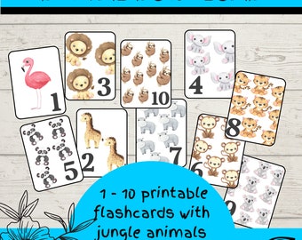 Zahlen Lernkarten mit Dschungeltieren, 1 - 10 Digital Download, Lernkarten zu Hause, Kindergarten, Zahlen Lernkarten, Vorschulaktivität
