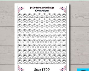 Floral 600 Dollar Savings Challenge, 100 Envelope Tracker (Digital Download)
