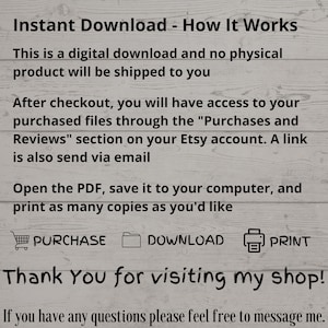 K&ouml;nnte beinhalten: Text auf wei&szlig;em Holzgrund, der erkl&auml;rt, wie man ein digitales Produkt herunterl&auml;dt. Anweisungen umfassen Kauf, Download und Druck. Der Text lautet "Vielen Dank f&uuml;r Ihren Besuch in meinem Shop!" und ermutigt zu Fragen.