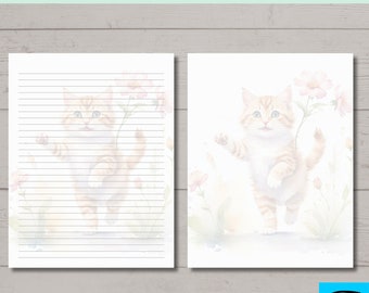 Printable Cat Stationery, Cat Notepaper, 8.5 x 11 Inch Lined and Blank Stationery, Note Paper, Writing Paper, Digital Download