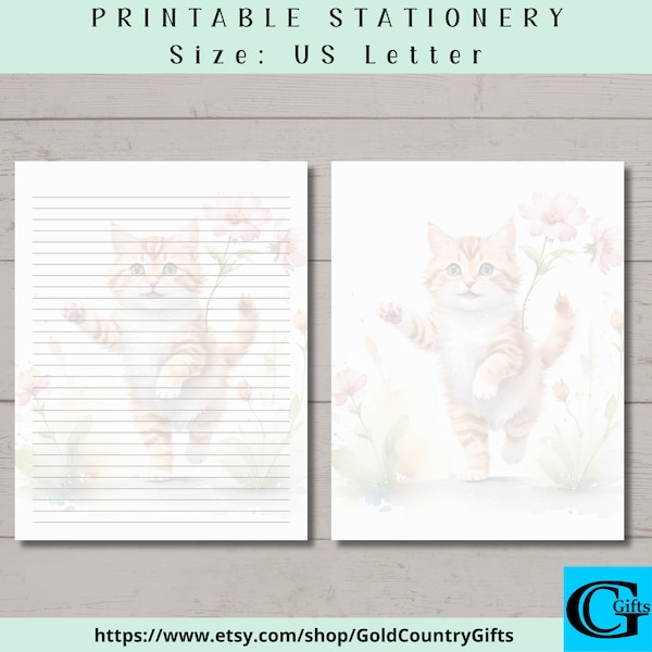 Printable Cat Stationery, Cat Notepaper, 8.5 x 11 Inch Lined and Blank Stationery, Note Paper, Writing Paper, Digital Download