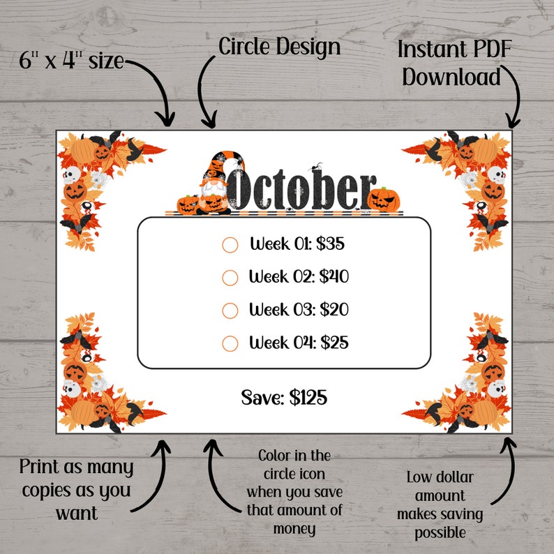 May include: Printable October budget planner with a Halloween theme. The planner features a cute gnome and pumpkins. The planner is 6 inches by 4 inches and includes a savings tracker with a total savings of $125.