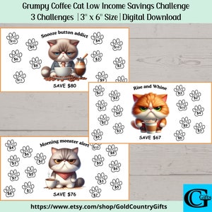 Mini Low Income Savings Challenge Printable, Grumpy Coffee Cat Savings Challenge, Cash Budget Challenge, Money Saving Tracker, Sinking Funds