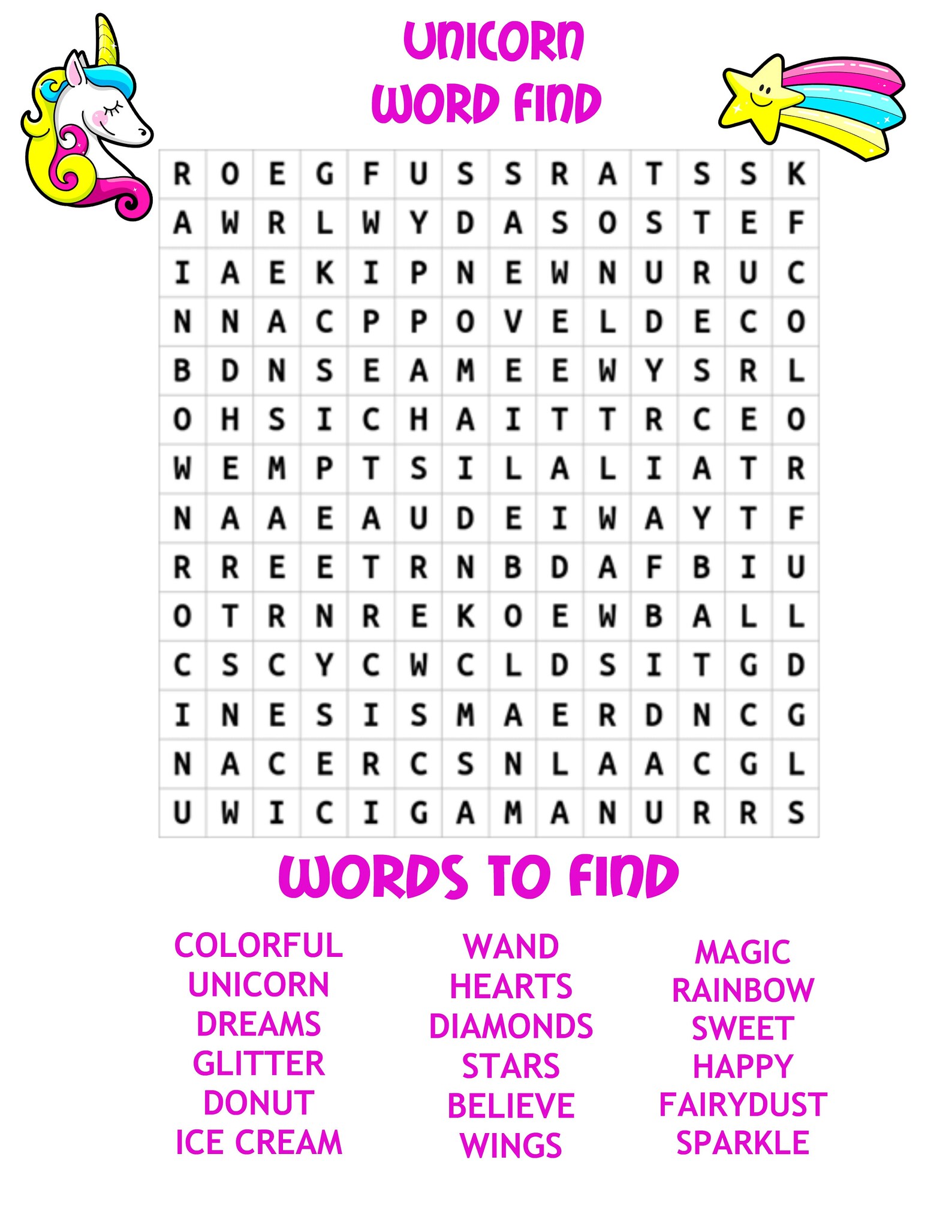 printable unicorn activity sheets word search maze i spy