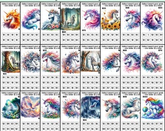 May include: A digital download featuring a savings challenge with 24 unicorn-themed challenges. Each challenge card has a unique unicorn illustration and a dollar amount to save, with a total savings goal of £103. The text "Unicorn Low Income Savings Challenge" is at the top.