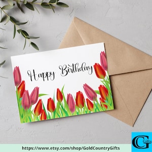Cartão de aniversário para impressão com tulipas, cartão floral de feliz aniversário, tulipas, cartão de felicitações para impressão, download digital, impressão em casa