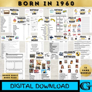 Printable Birthday Party Games, Born in 1960 Games, 12 Game Bundle, Instant Download, 1960 Newspaper, Guest Book Page
