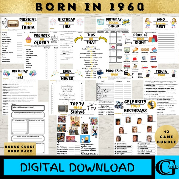Printable Birthday Party Games, Born in 1960 Games, 12 Game Bundle, Instant Download, 1960 Newspaper, Price Is Right, Guest Book Page