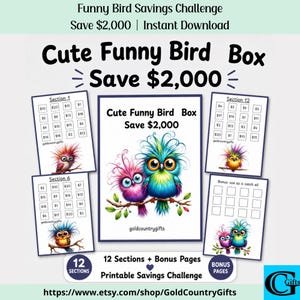 May include: A printable savings challenge titled Cute Funny Bird Box Save $2,000. The set includes 12 sections and bonus pages featuring colorful, spiky-haired bird illustrations, grids with dollar amounts, and the text goldcountrygifts.