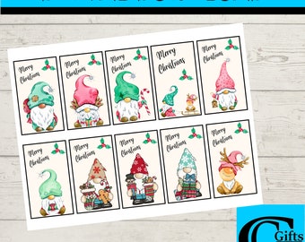 May include: A set of 10 printable gift tags featuring cute gnomes in various poses and colors. Each tag has the text "Merry Christmas" with holly leaves and berries.