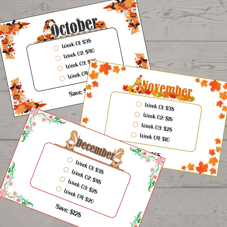 May include: Three printable checklists for October, November, and December. Each checklist has a festive theme with fall leaves, pumpkins, and gnomes. The checklists include weekly prices and a total savings amount.