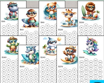Low Income Savings Challenge Trackers, Cute Animals (Digital Download)