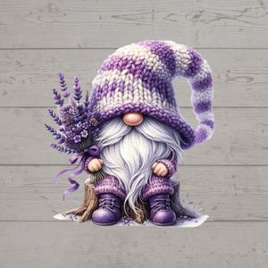 May include: A whimsical gnome illustration. The gnome wears a purple and white knit hat and matching outfit, seated on a tree stump. It holds a bouquet of lavender tied with a purple ribbon. The gnome has a long white beard and a pink nose.