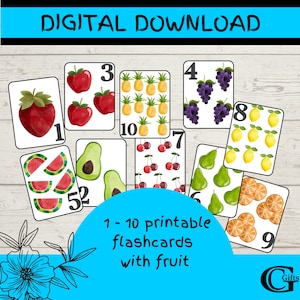 Number Flashcards with Fruit, 1 - 10 Digital Download, Homeschool, Kindergarten, Numbers Flashcards, Preschool Activity