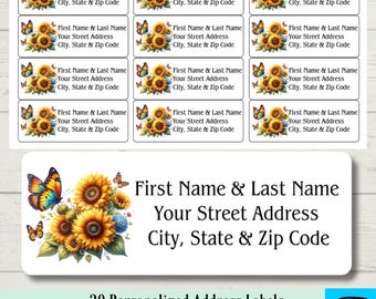 Personalized Address Labels, Sunflowers and Butterflies, Custom Address Labels, Custom Labels, 30 Address Labels