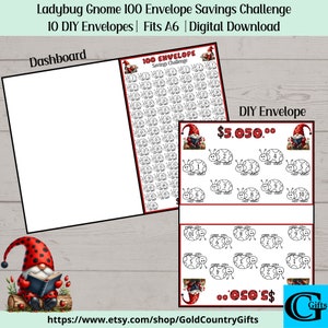 Printable Ladybug Gnomes 100 Envelope Savings Challenge, 5050 Savings, A6 Budget Binder Cash Stuffing, Savings Challenge, Instant Download
