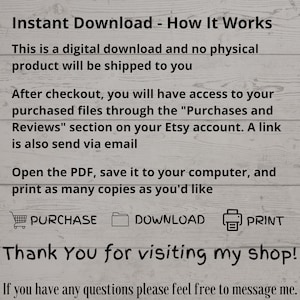 May include: Text explaining how to download a digital product. The text says "Instant Download - How It Works" and explains that the product is a digital download and no physical product will be shipped. It also explains how to access the purchased files after checkout and how to print the PDF. The text includes icons for purchase, download, and print.
