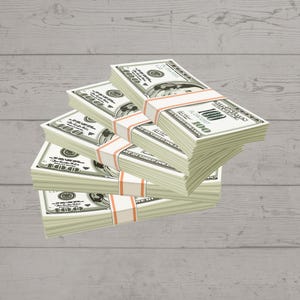 May include: A stack of five bundles of US $100 bills, each bundle secured with a rubber band. The bills are arranged in a staggered pattern, with the top bundle slightly offset from the others.