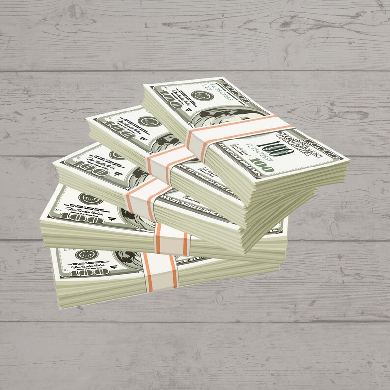 May include: A stack of five bundles of US $100 bills, each bundle secured with a rubber band. The bills are arranged in a staggered pattern, with the top bundle slightly offset from the others.