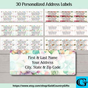 May include: Thirty personalized address labels with a floral design. The labels are white with a watercolor floral pattern in shades of pink, blue, and green. The text on the labels reads "Amanda & Bryan Jackson, 21500 Old Jefferson Rd, Richmond, GA 31241".