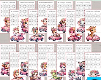 May include: A set of 20 printable savings challenge charts featuring cute animal illustrations in pink cars. Each chart has a different savings goal, ranging from £1 to £30. The charts are designed to help people save money and reach their financial goals.