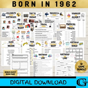 Printable Birthday Party Games, Born in 1962. Game, 12 Game Bundle, Instant Download, 1962 Newspaper, Bingo, Guest Book Page