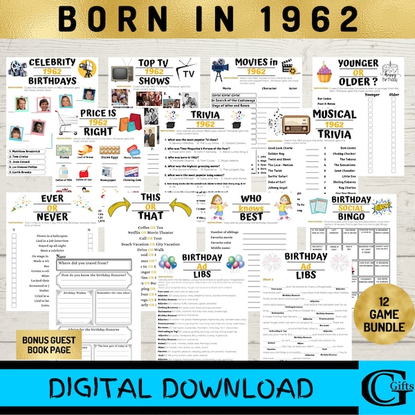 Printable Birthday Party Games, Born in 1962. Game, 12 Game Bundle, Instant Download, 1962 Newspaper, Bingo, Price Is Right, Guest Book Page