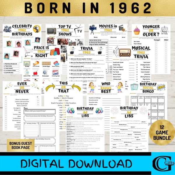 Jeux de fête d'anniversaire à imprimer, né en 1962. Jeu, lot de 12 jeux, téléchargement immédiat, journal de 1962, bingo, prix correct, page du livre d'or