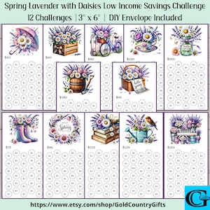 Rastreador de ahorros para personas de bajos ingresos con lavanda de primavera y sobres imprimibles para hacer con dinero en efectivo, desafíos de ahorro, rastreador de ahorros