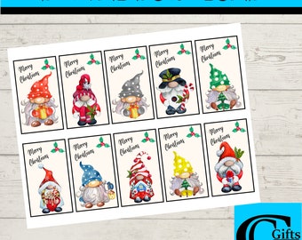 May include: Printable digital download of 10 Christmas gift tags featuring gnomes with different hats and accessories. Each tag says "Merry Christmas" with a holly sprig.