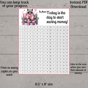 May include: A printable savings tracker with a raccoon cartoon character wearing a pink sweater and holding a scoop of ice cream. The tracker is a grid with numbers 1 through 15, and the text "$1,800 Today is the day to start saving money!" is at the top. The text "Color in the icon when you save that amount of money" is at the bottom right.