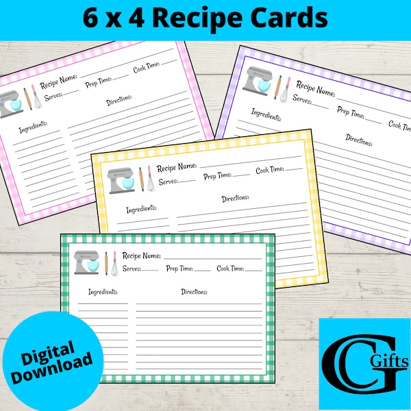 Printable 6x4 Recipe Cards, Kitchen Recipe Cards, Recipe Cards, Digital Instant Download, Blank Recipe Cards, Recipe Organizer, PDF